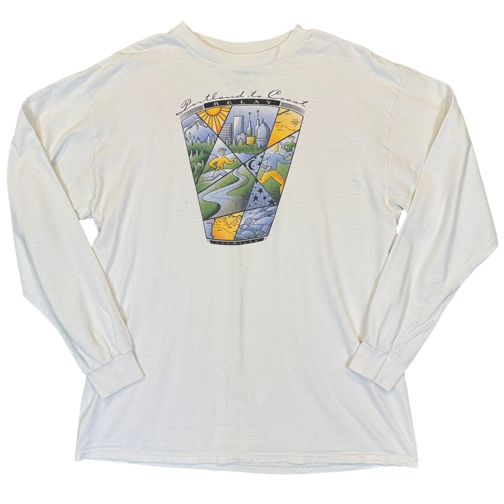 Tultex Portland to Coast Relay Shirt Men XL White Cotton Graphic Long Sleeve Tee